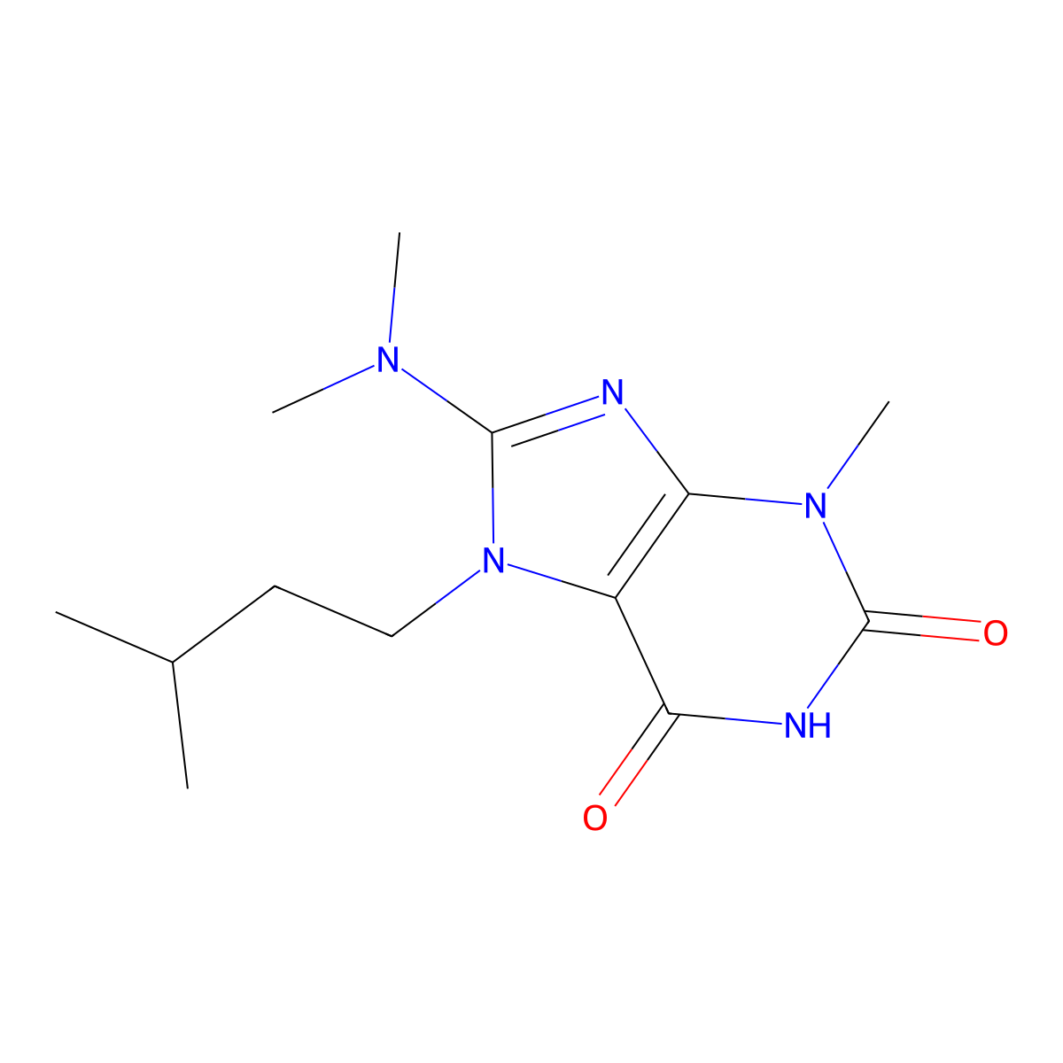 8-(dimethylamino)-7-isopentyl-3-methyl-1H-purine-2,6(3H,7H)-dione molecular structure, CAS 330990-59-5