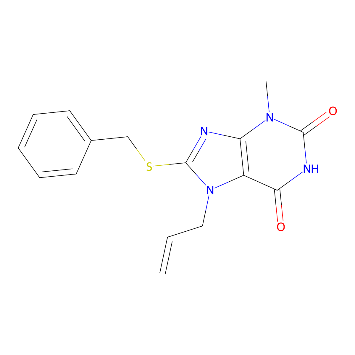 7-allyl-8-(benzylthio)-3-methyl-1H-purine-2,6(3H,7H)-dione molecular structure, CAS 330990-68-6