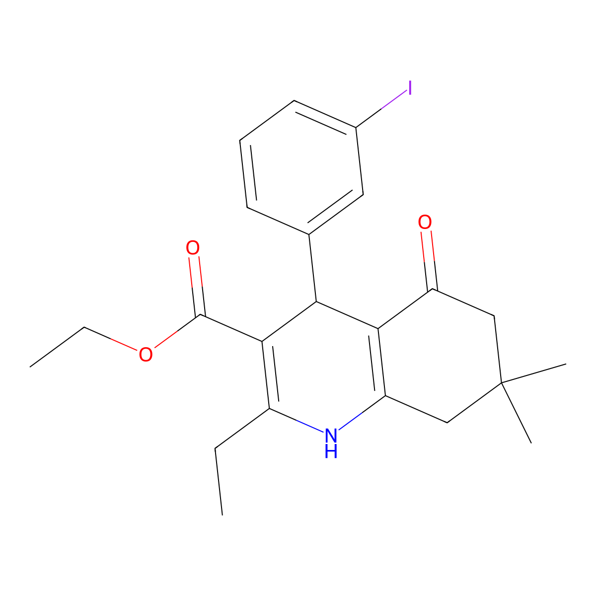 Ethyl 2-ethyl-4-(3-iodophenyl)-7,7-dimethyl-5-oxo-1,4,5,6,7,8-hexahydroquinoline-3-carboxylate molecular structure, CAS 330996-75-3