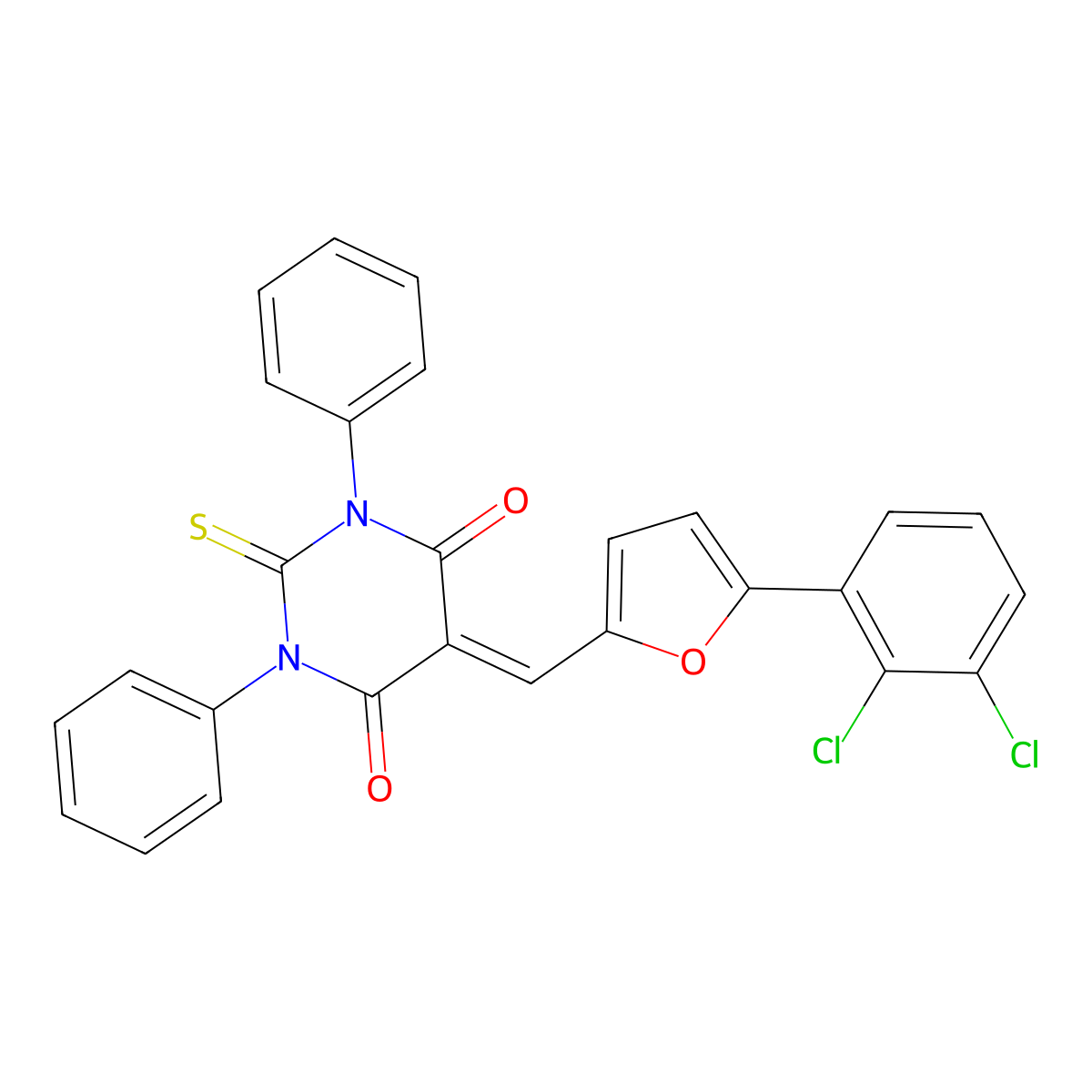 5-{[5-(2,3-dichlorophenyl)-2-furyl]methylene}-1,3-diphenyl-2-thioxodihydro-4,6(1H,5H)-pyrimidinedione molecular structure, CAS 331002-75-6