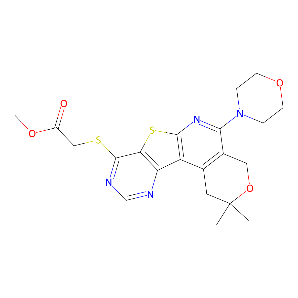 methyl 2-((2,2-dimethyl-5-morpholino-2,4-dihydro-1H-pyrano[4'',3'':4',5']pyrido[3',2':4,5]thieno[3,2-d]pyrimidin-8-yl)thio)acetate molecular structure, CAS 331234-37-8