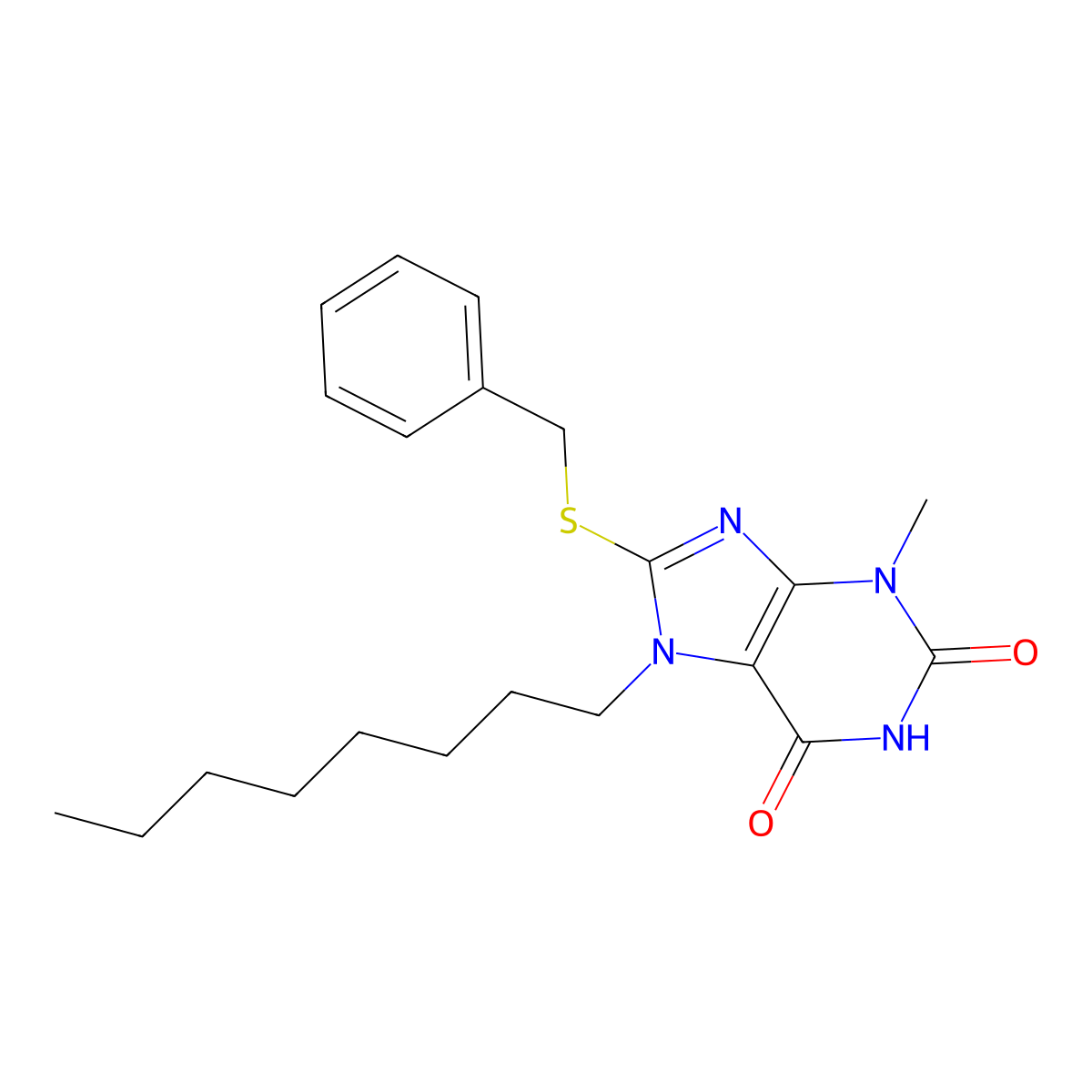 8-(benzylsulfanyl)-3-methyl-7-octyl-3,7-dihydro-1H-purine-2,6-dione molecular structure, CAS 331236-37-4