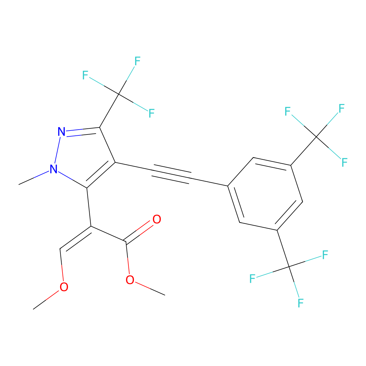 Methyl 2-[4-[2-[3,5-bis(trifluoromethyl)phenyl]ethynyl]-1-methyl-3-(trifluoromethyl)pyrazol-5-yl]-3-methoxyprop-2-enoate molecular structure, CAS 331236-98-7