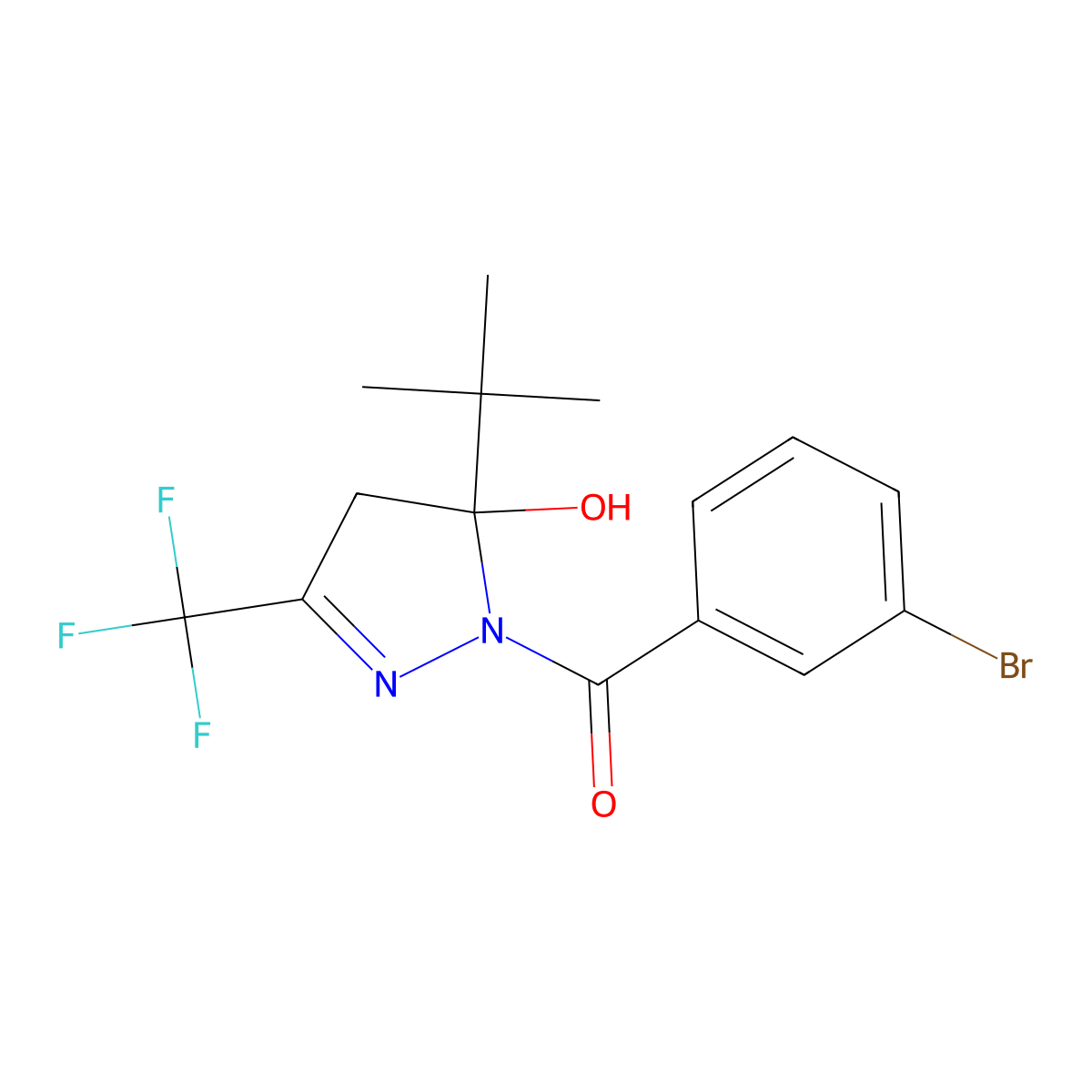 (3-bromophenyl)-[5-tert-butyl-5-hydroxy-3-(trifluoromethyl)-4H-pyrazol-1-yl]methanone molecular structure, CAS 331238-84-7
