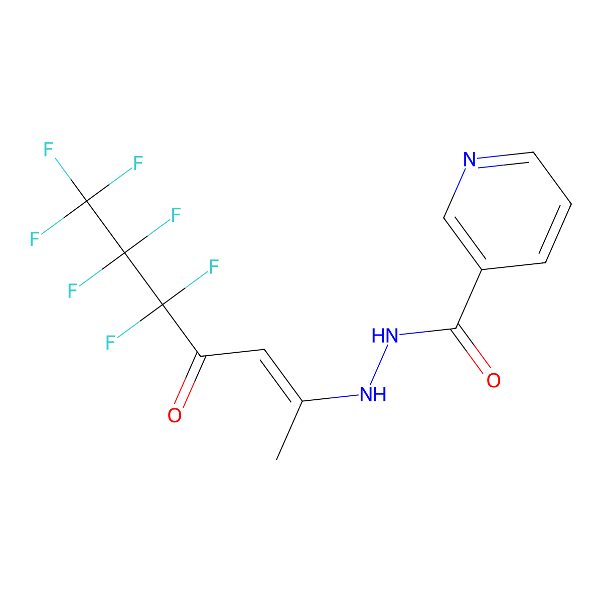 3-Pyridinecarboxylic acid 2-(4,4,5,5,6,6,6-heptafluoro-1-methyl-3-oxo-1-hexen-1-yl)hydrazide molecular structure, CAS 331238-87-0