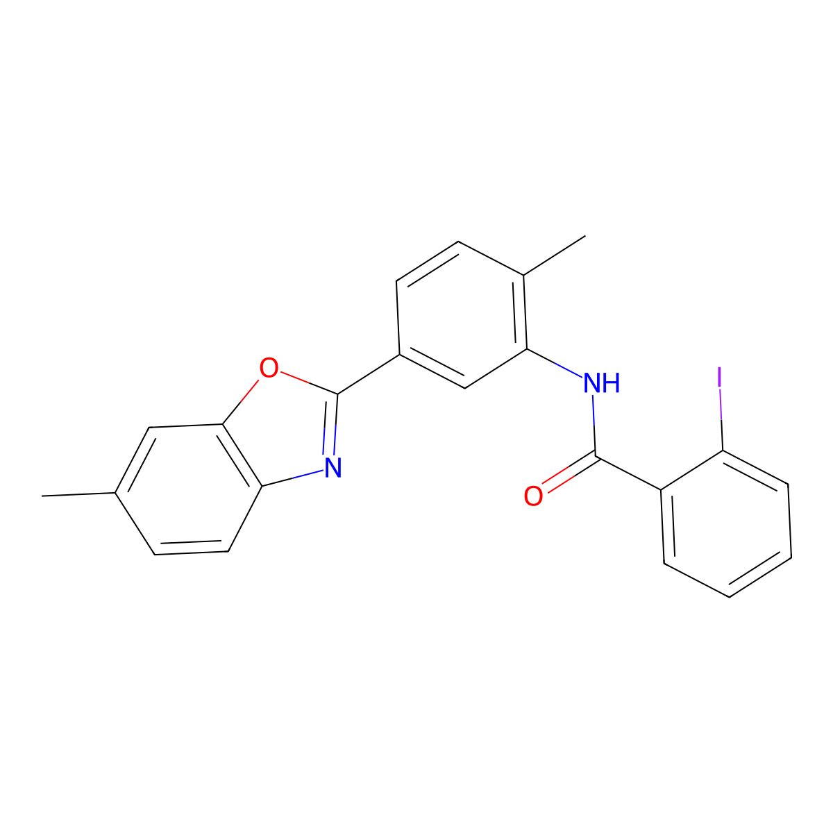 2-iodo-N-[2-methyl-5-(6-methyl-1,3-benzoxazol-2-yl)phenyl]benzamide molecular structure, CAS 331243-77-7