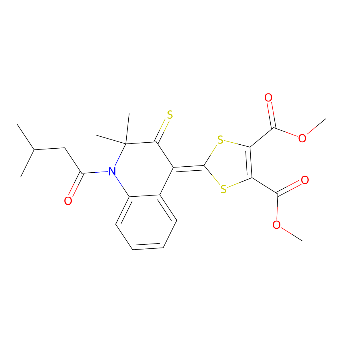 Dimethyl 2-[2,2-dimethyl-1-(3-methylbutanoyl)-3-sulfanylidenequinolin-4-ylidene]-1,3-dithiole-4,5-dicarboxylate molecular structure, CAS 331260-62-9