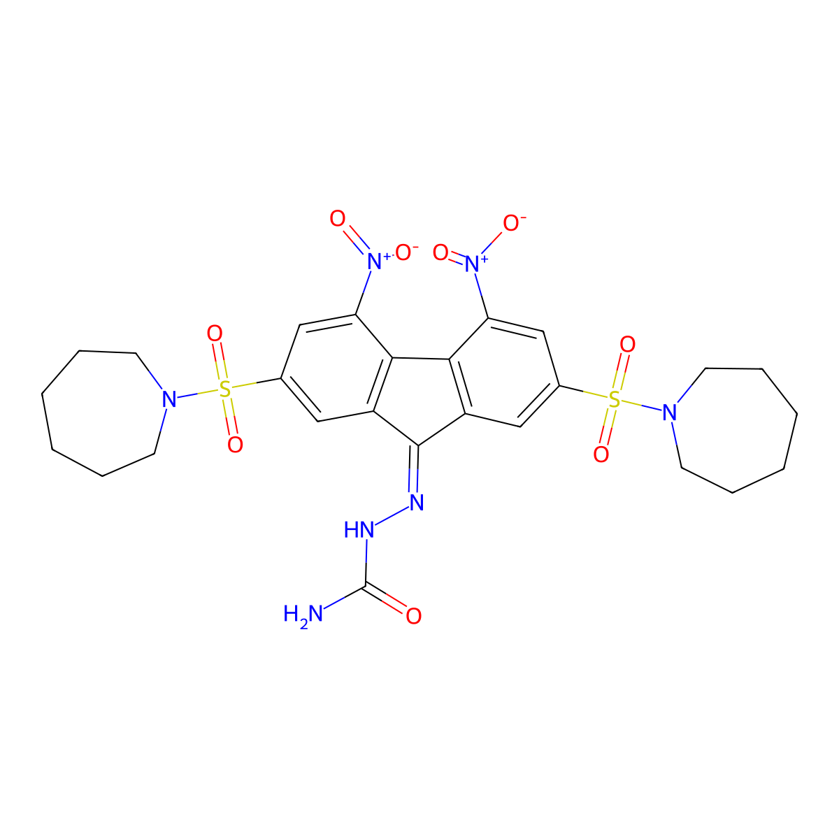 2-(2,7-bis(azepan-1-ylsulfonyl)-4,5-dinitro-9H-fluoren-9-ylidene)hydrazinecarboxamide molecular structure, CAS 331275-62-8