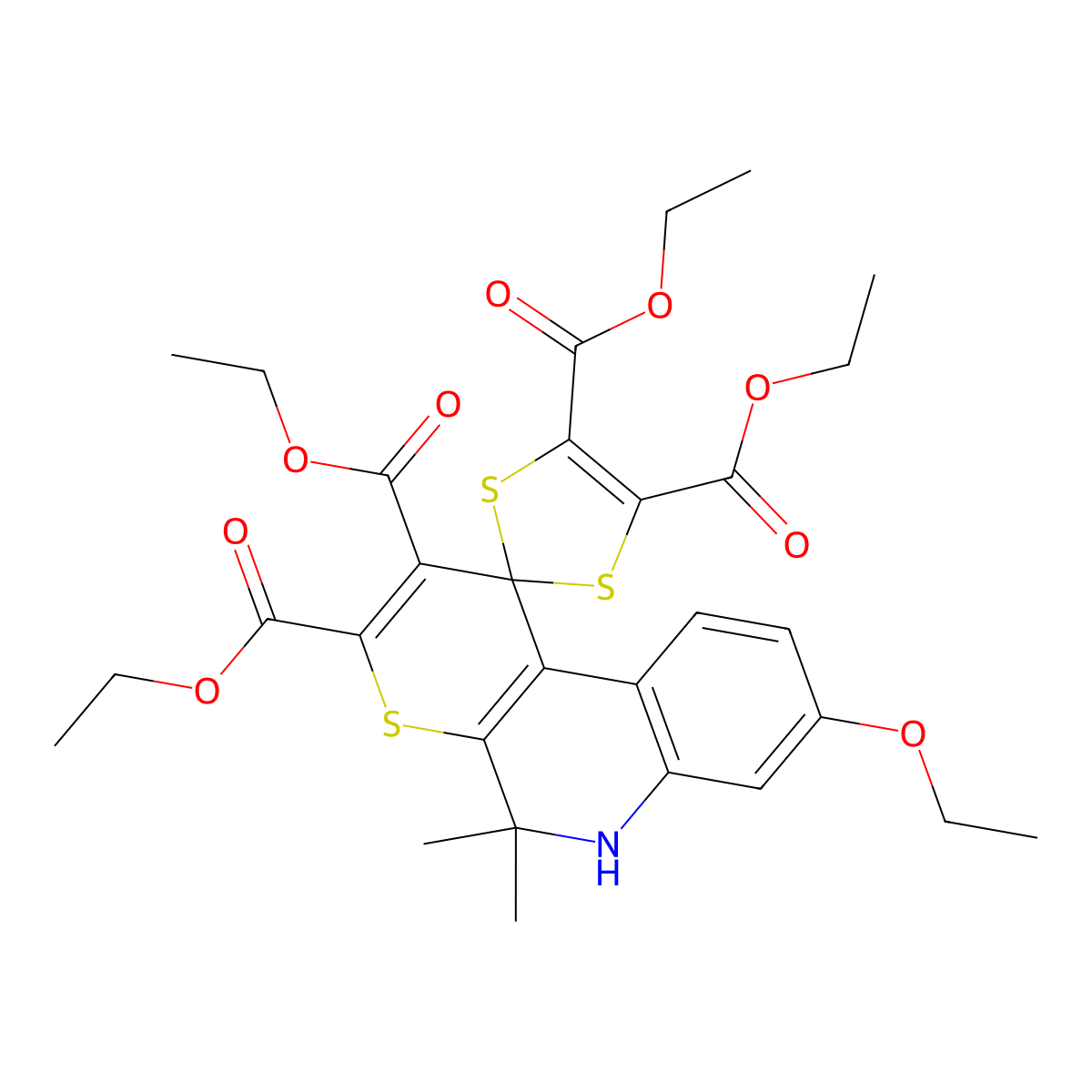 tetraethyl 8'-ethoxy-5',5'-dimethylspiro[1,3-dithiole-2,1'-6H-thiopyrano[2,3-c]quinoline]-2',3',4,5-tetracarboxylate molecular structure, CAS 331416-86-5