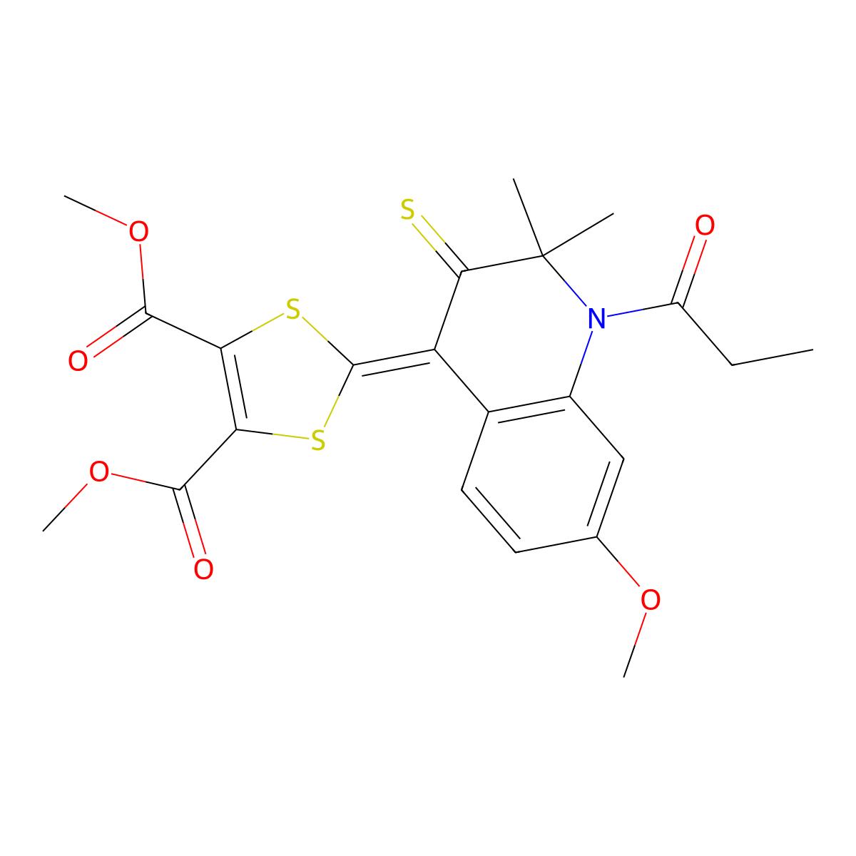 dimethyl 2-(2,2-dimethyl-7-(methyloxy)-1-propanoyl-3-thioxo-2,3-dihydroquinolin-4(1H)-ylidene)-1,3-dithiole-4,5-dicarboxylate molecular structure, CAS 331416-89-8