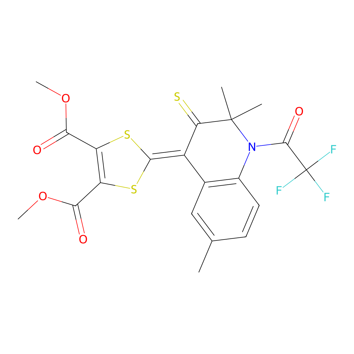 dimethyl 2-(2,2,6-trimethyl-3-thioxo-1-(trifluoroacetyl)-2,3-dihydroquinolin-4(1H)-ylidene)-1,3-dithiole-4,5-dicarboxylate molecular structure, CAS 331416-91-2