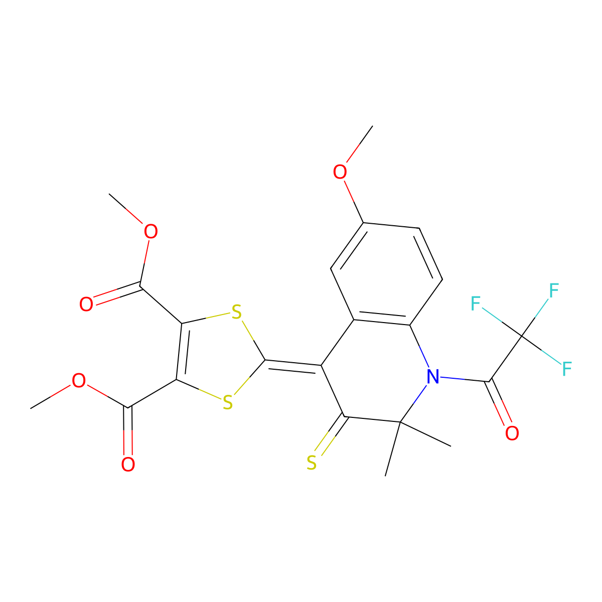 Dimethyl 2-[6-methoxy-2,2-dimethyl-3-sulfanylidene-1-(2,2,2-trifluoroacetyl)quinolin-4-ylidene]-1,3-dithiole-4,5-dicarboxylate molecular structure, CAS 331416-92-3