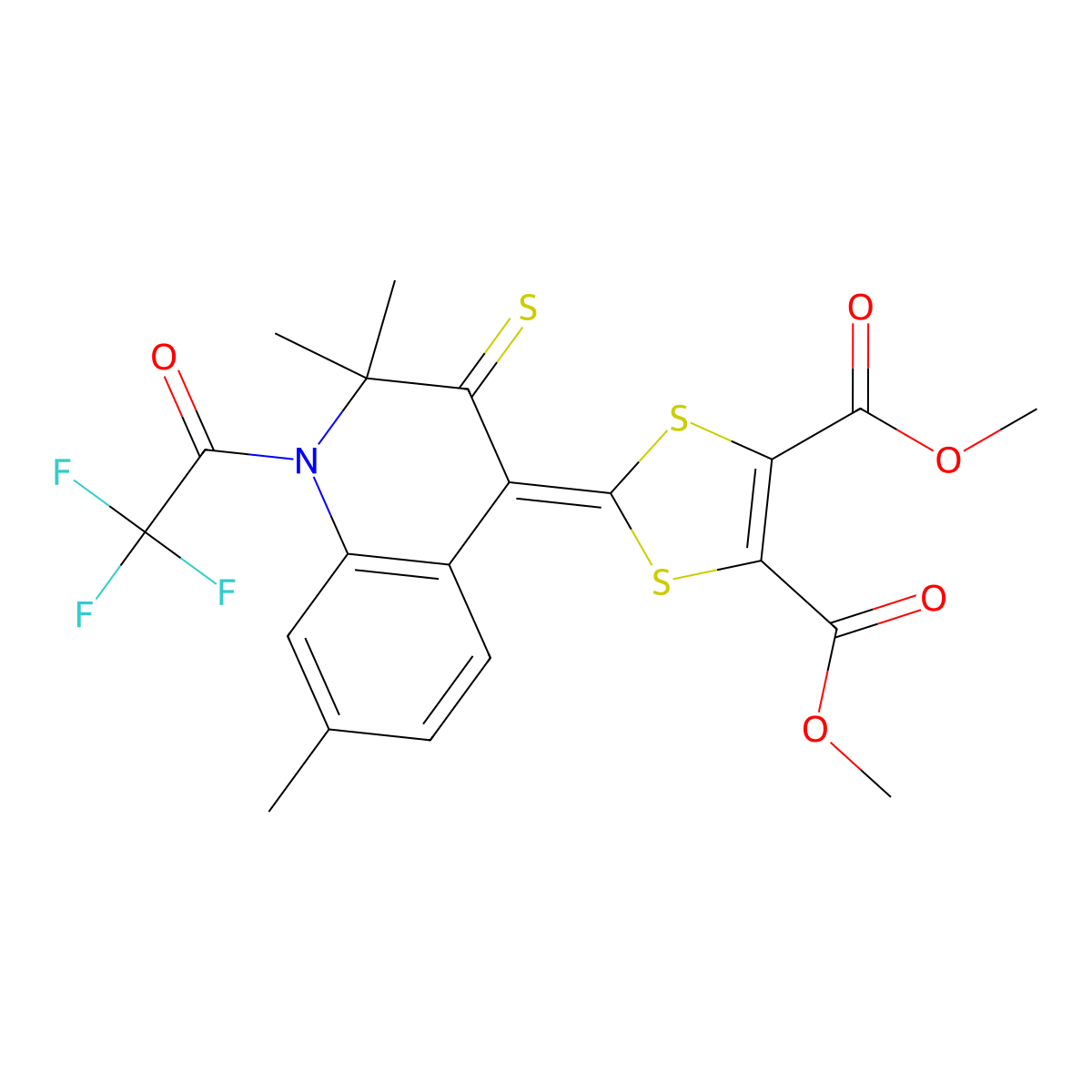 dimethyl 2-(2,2,7-trimethyl-3-thioxo-1-(trifluoroacetyl)-2,3-dihydroquinolin-4(1H)-ylidene)-1,3-dithiole-4,5-dicarboxylate molecular structure, CAS 331416-93-4