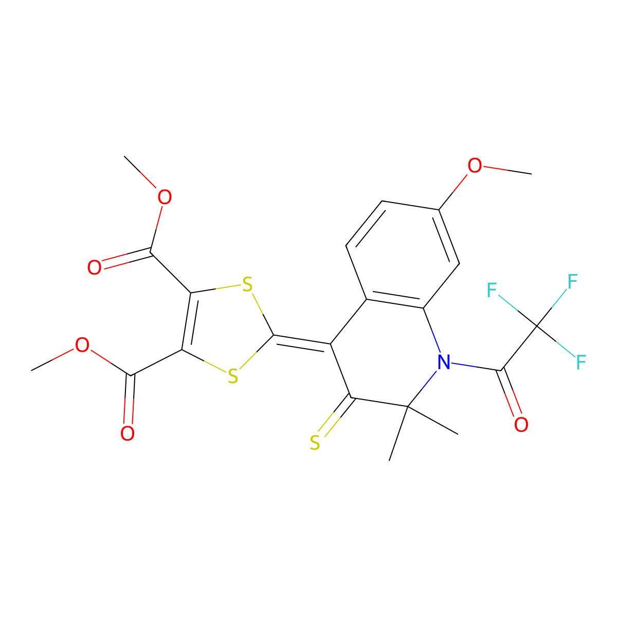 Dimethyl 2-[7-methoxy-2,2-dimethyl-3-sulfanylidene-1-(2,2,2-trifluoroacetyl)quinolin-4-ylidene]-1,3-dithiole-4,5-dicarboxylate molecular structure, CAS 331416-94-5