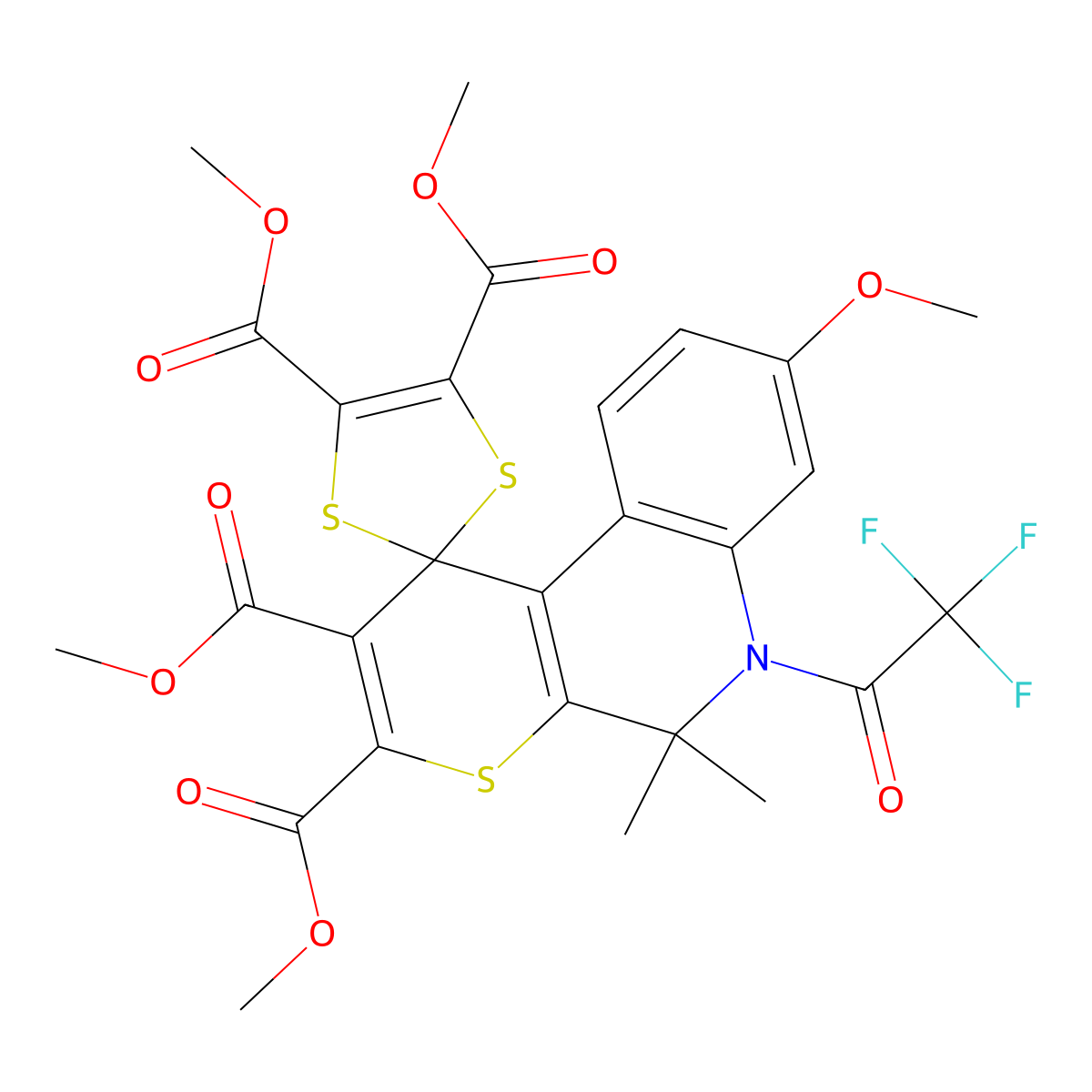 Tetramethyl 8'-methoxy-5',5'-dimethyl-6'-(2,2,2-trifluoroacetyl)spiro[1,3-dithiole-2,1'-thiopyrano[2,3-c]quinoline]-2',3',4,5-tetracarboxylate molecular structure, CAS 331416-95-6