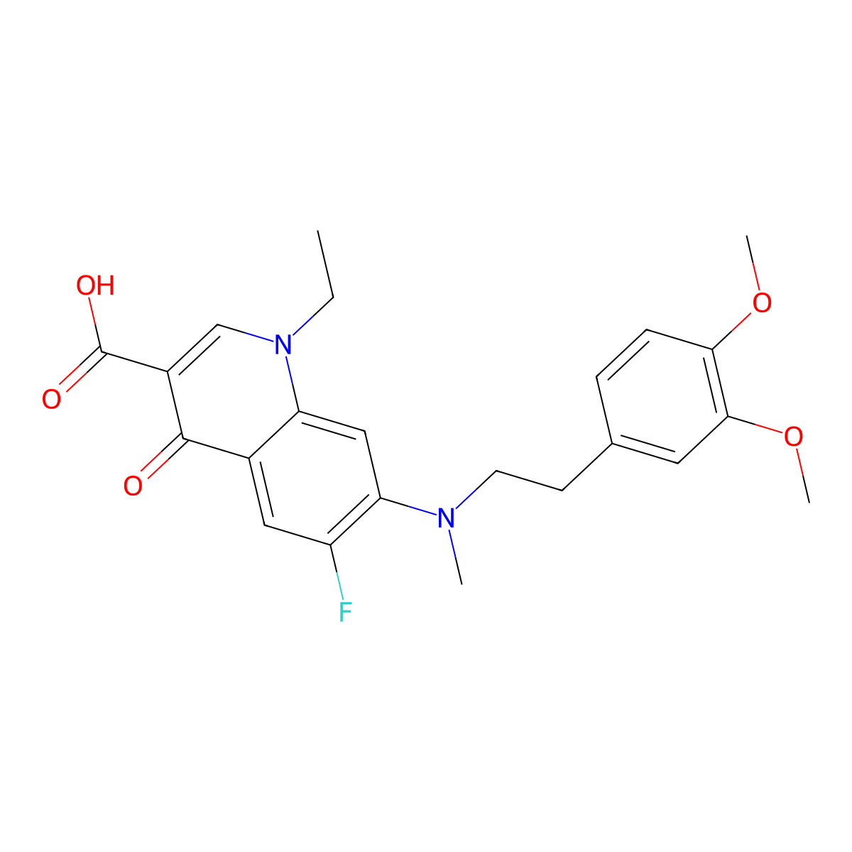 7-((3,4-Dimethoxyphenethyl)(methyl)amino)-1-ethyl-6-fluoro-4-oxo-1,4-dihydroquinoline-3-carboxylic acid molecular structure, CAS 331418-73-6