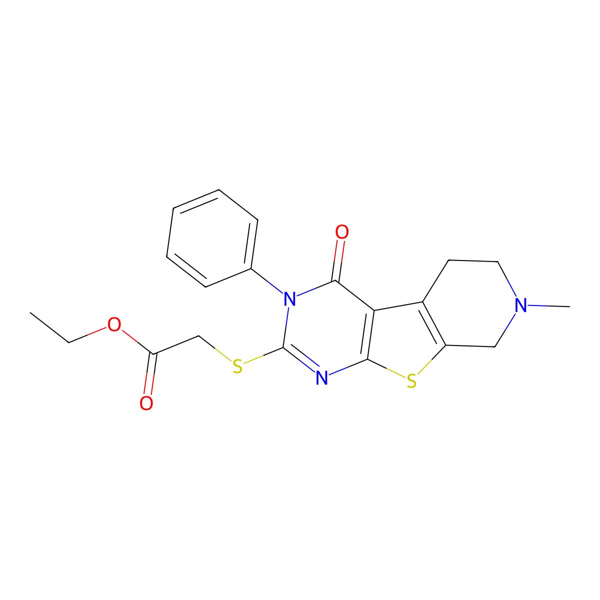 (7-Methyl-4-oxo-3-phenyl-3,4,5,6,7,8-hexahydro-9-thia-1,3,7-triaza-fluoren-2-ylsulfanyl)-acetic acid ethyl ester molecular structure, CAS 331421-05-7