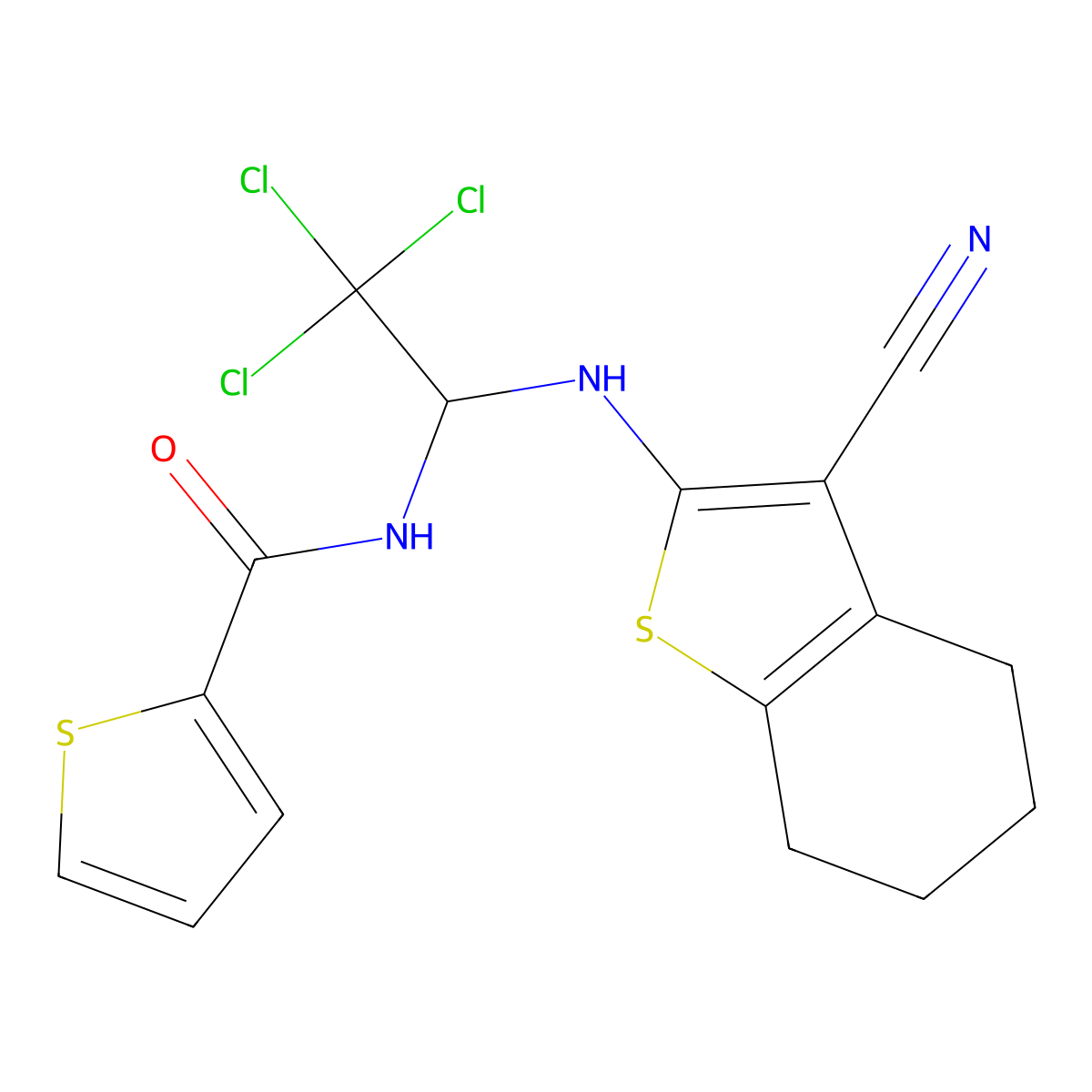 N-[2,2,2-trichloro-1-[(3-cyano-4,5,6,7-tetrahydro-1-benzothiophen-2-yl)amino]ethyl]thiophene-2-carboxamide molecular structure, CAS 331421-61-5