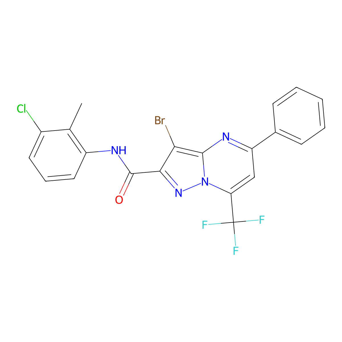 3-bromo-N-(3-chloro-2-methylphenyl)-5-phenyl-7-(trifluoromethyl)pyrazolo[1,5-a]pyrimidine-2-carboxamide molecular structure, CAS 331424-22-7