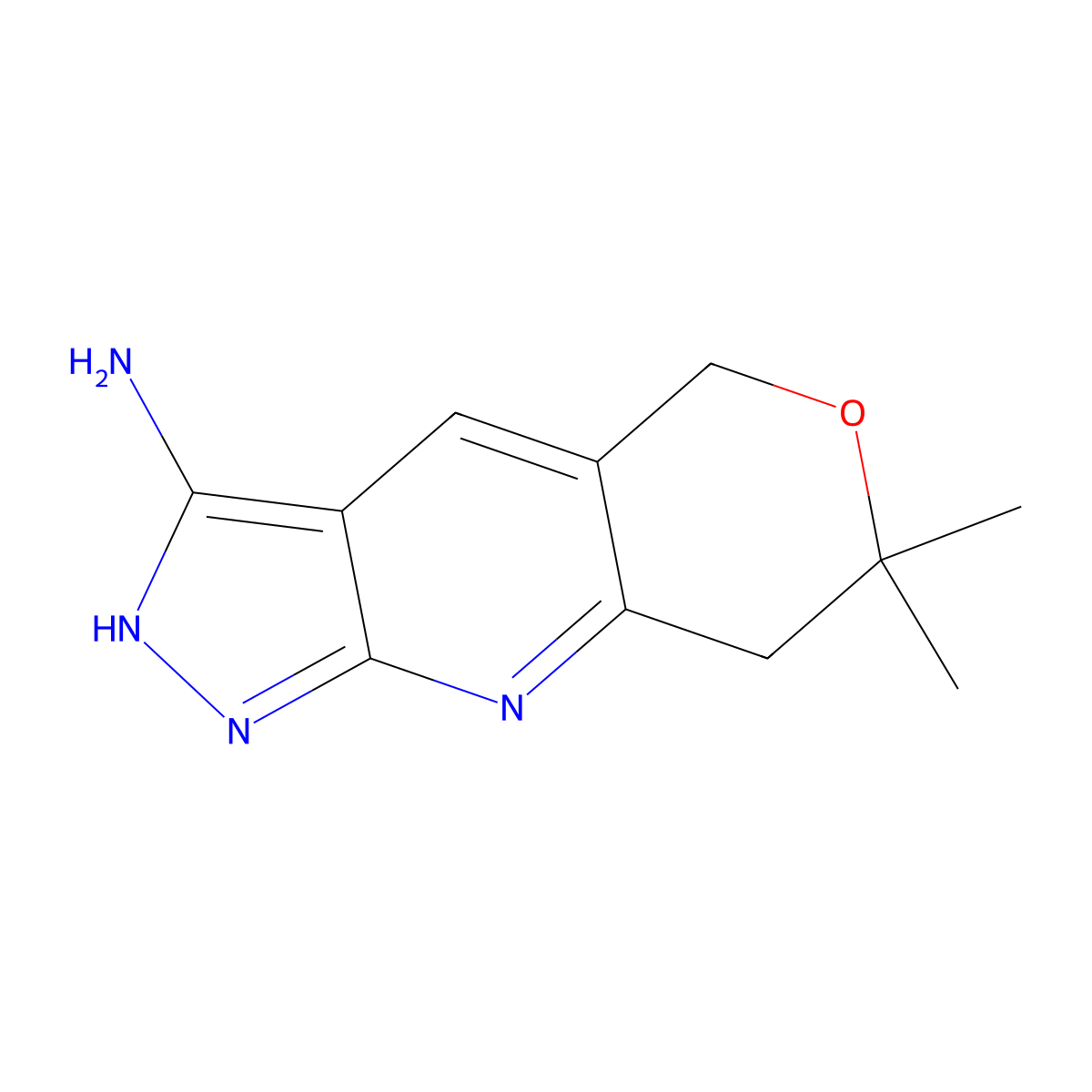 7,7-Dimethyl-1,5,7,8-tetrahydropyrano[4,3-b]pyrazolo[4,3-e]pyridin-3-amine molecular structure, CAS 331430-42-3
