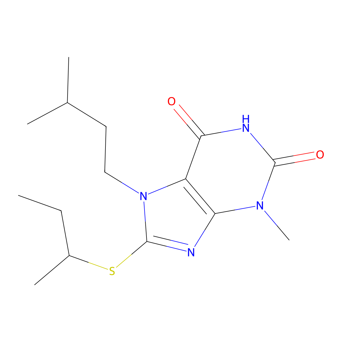 8-(sec-butylthio)-7-isopentyl-3-methyl-1H-purine-2,6(3H,7H)-dione molecular structure, CAS 331444-34-9