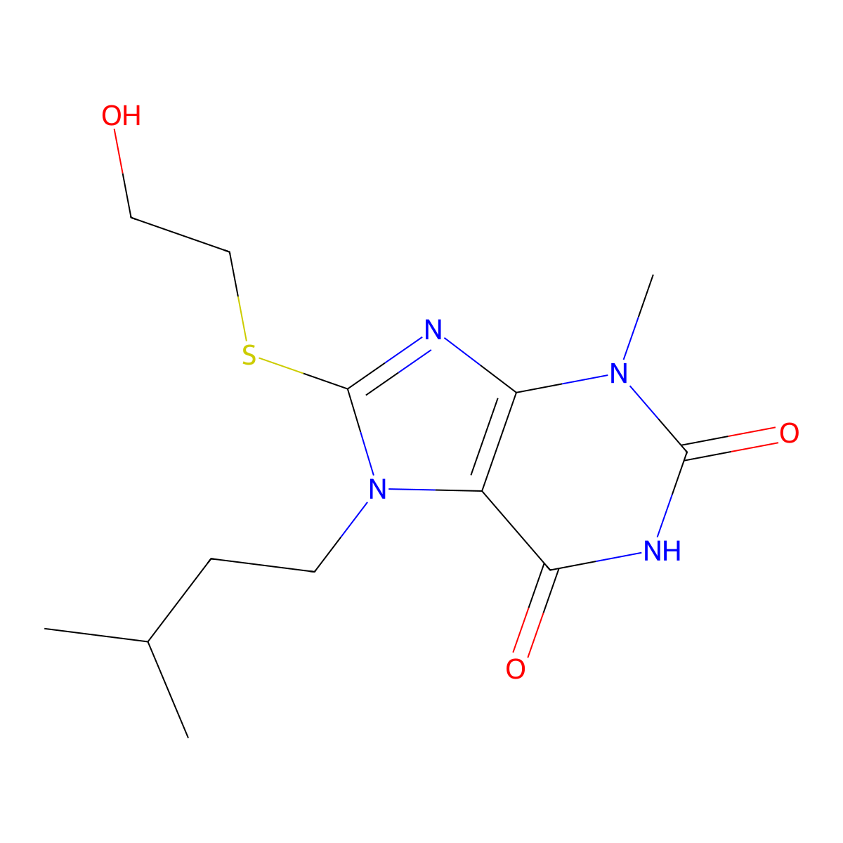 8-((2-hydroxyethyl)thio)-7-isopentyl-3-methyl-1H-purine-2,6(3H,7H)-dione molecular structure, CAS 331444-36-1