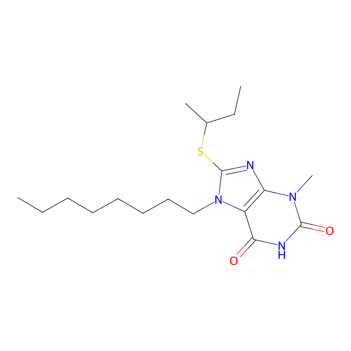 8-(sec-butylsulfanyl)-3-methyl-7-octyl-3,7-dihydro-1H-purine-2,6-dione molecular structure, CAS 331444-37-2