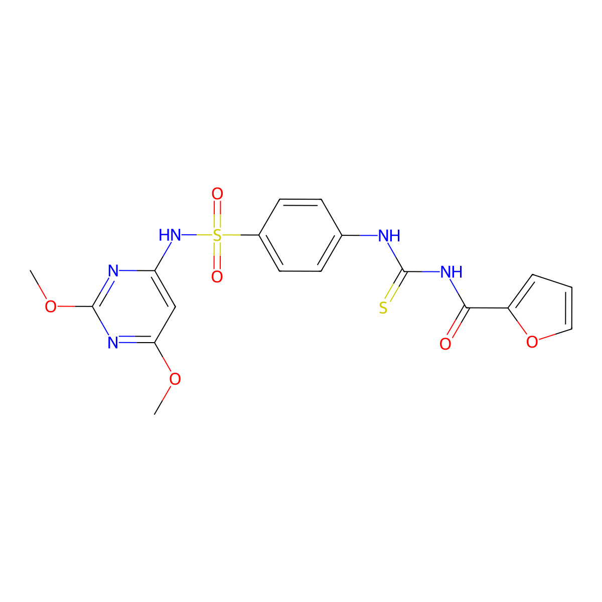 N-[[4-[(2,6-dimethoxypyrimidin-4-yl)sulfamoyl]phenyl]carbamothioyl]furan-2-carboxamide molecular structure, CAS 331445-78-4