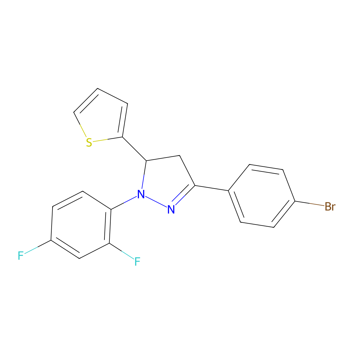 5-(4-Bromophenyl)-2-(2,4-difluorophenyl)-3-thiophen-2-yl-3,4-dihydropyrazole molecular structure, CAS 331446-04-9