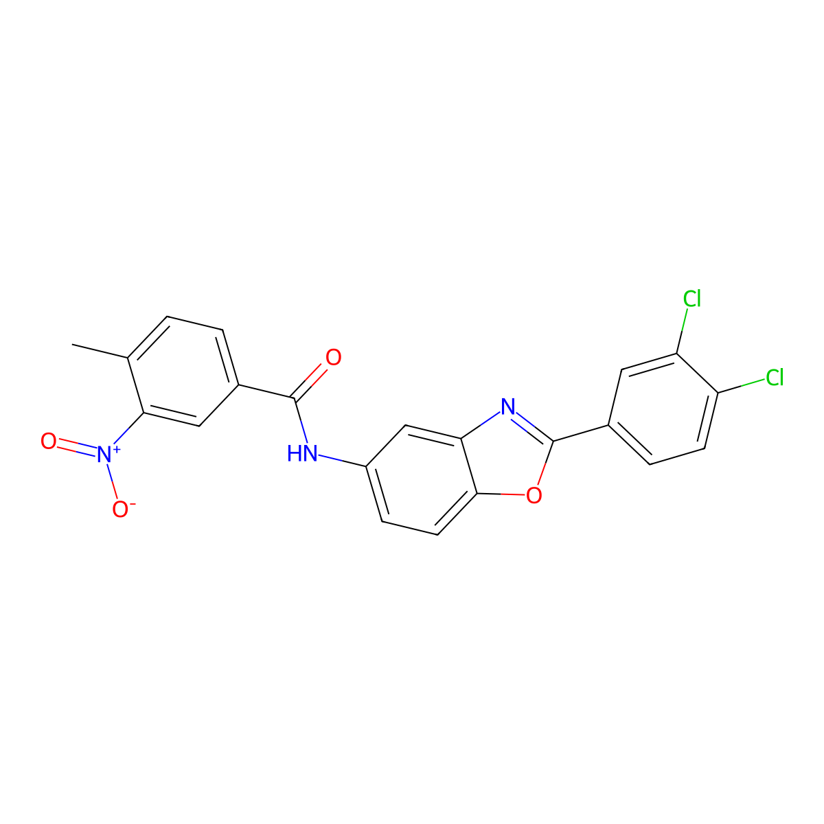 N-[2-(3,4-Dichloro-phenyl)-benzooxazol-5-yl]-4-methyl-3-nitro-benzamide molecular structure, CAS 331446-86-7