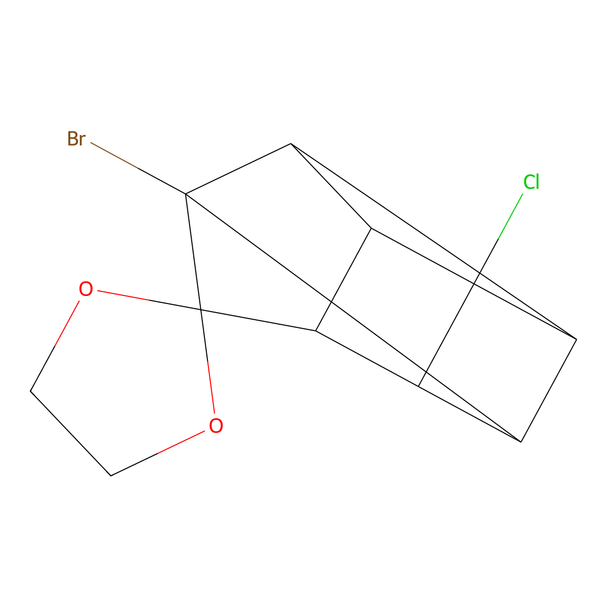 1-Bromo-4-chlorospiro(pentacyclo[4.3.0.0~2,5~.0~3,8~.0~4,7~]nonane-9,2'-[1,3]-dioxolane) molecular structure, CAS 33145-38-9