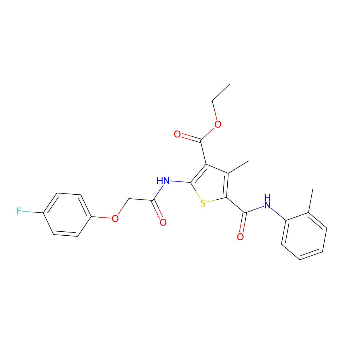 ET 2-(((4-F-Phenoxy)AC)amino)4-ME-5-(2-toluidinocarbonyl)-3-thiophenecarboxylate molecular structure, CAS 331454-81-0