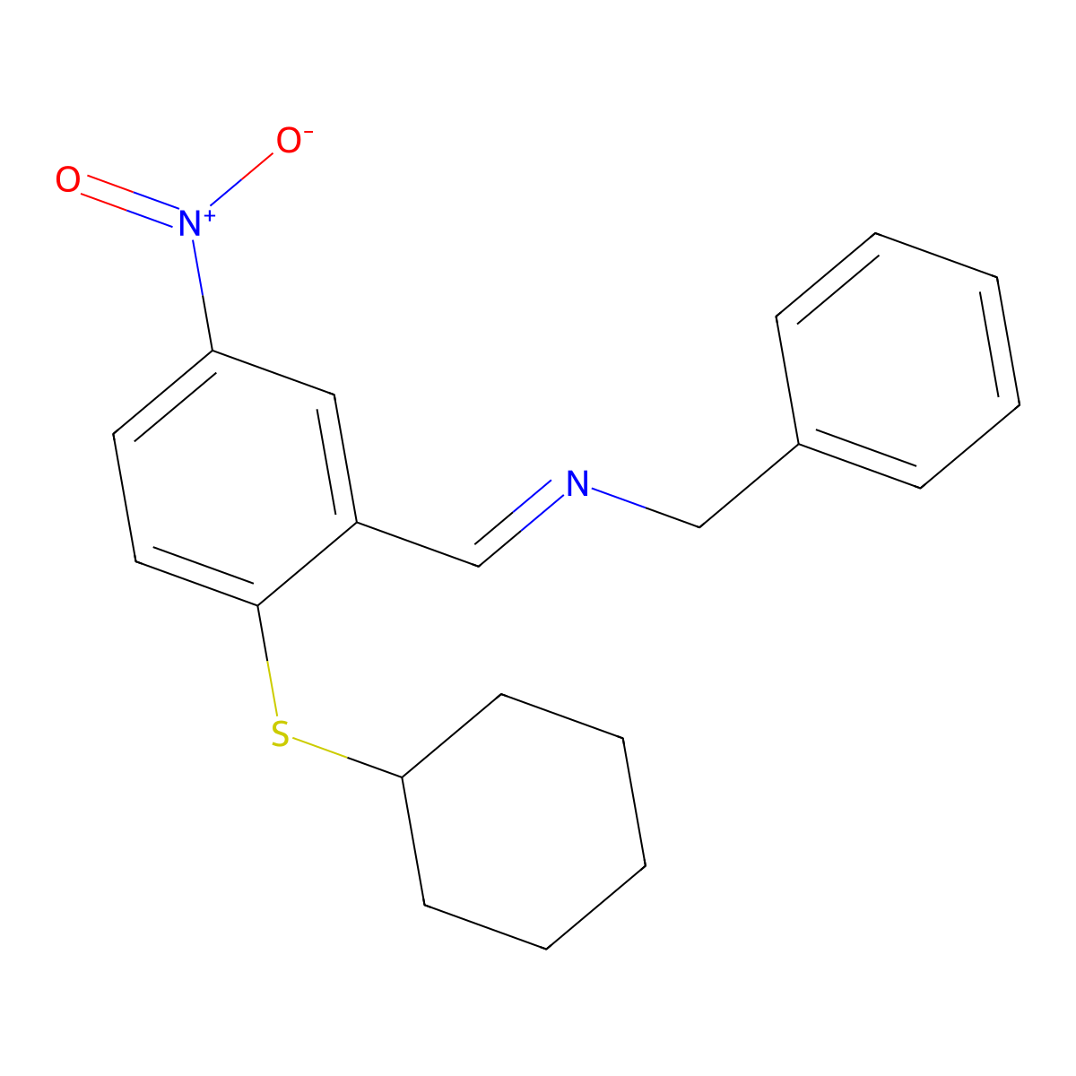 N-benzyl-1-(2-cyclohexylsulfanyl-5-nitrophenyl)methanimine molecular structure, CAS 331462-42-1