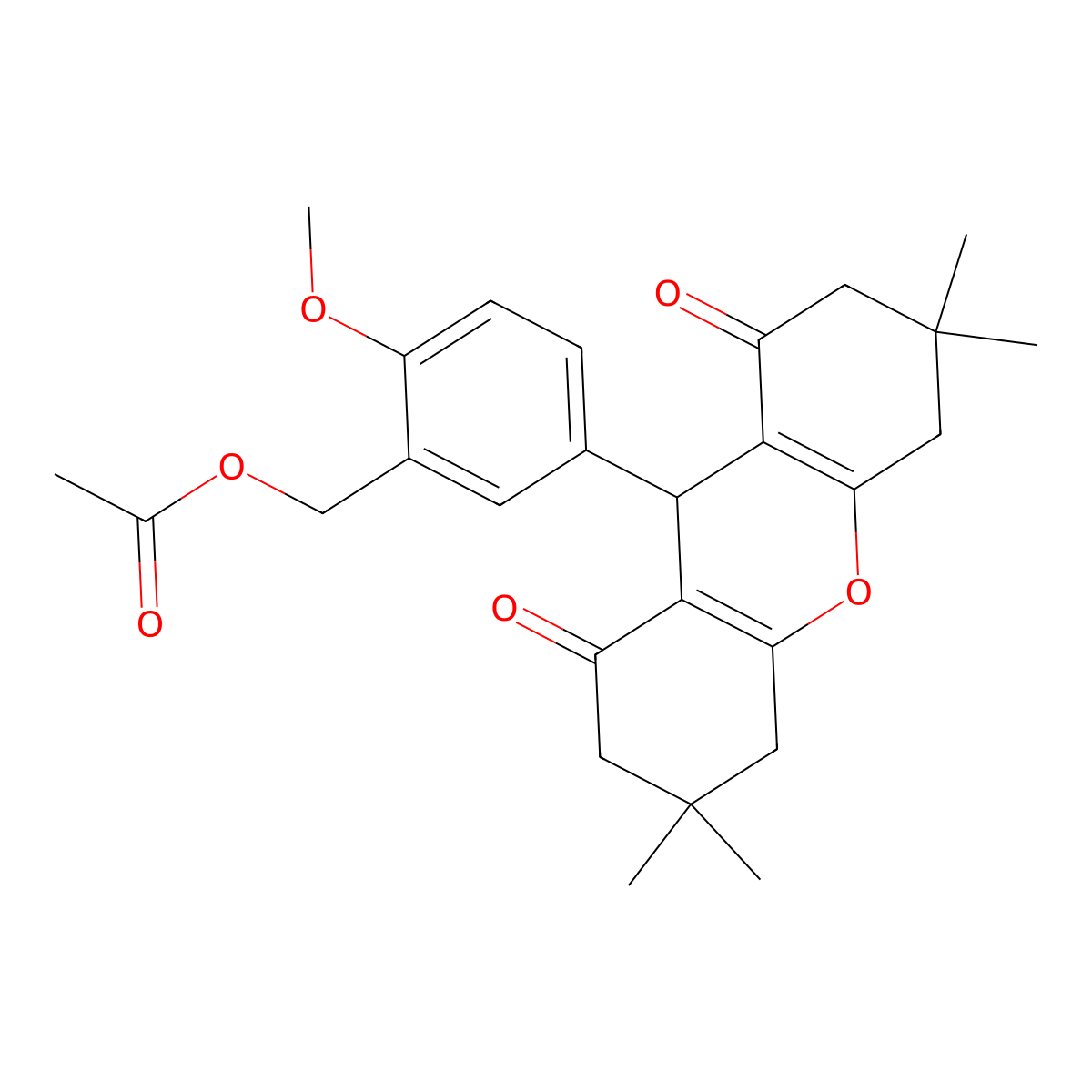 2-methoxy-5-(3,3,6,6-tetramethyl-1,8-dioxo-2,3,4,5,6,7,8,9-octahydro-1H-xanthen-9-yl)benzyl acetate molecular structure, CAS 331465-33-9