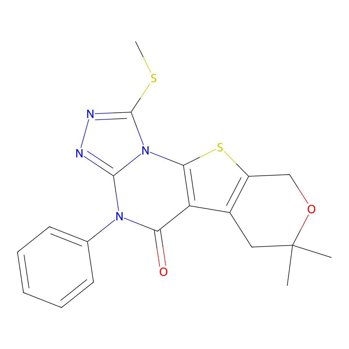 7,7-dimethyl-1-(methylsulfanyl)-4-phenyl-6,9-dihydro-7H-pyrano[4',3':4,5]thieno[3,2-e][1,2,4]triazolo[4,3-a]pyrimidin-5(4H)-one molecular structure, CAS 331465-35-1