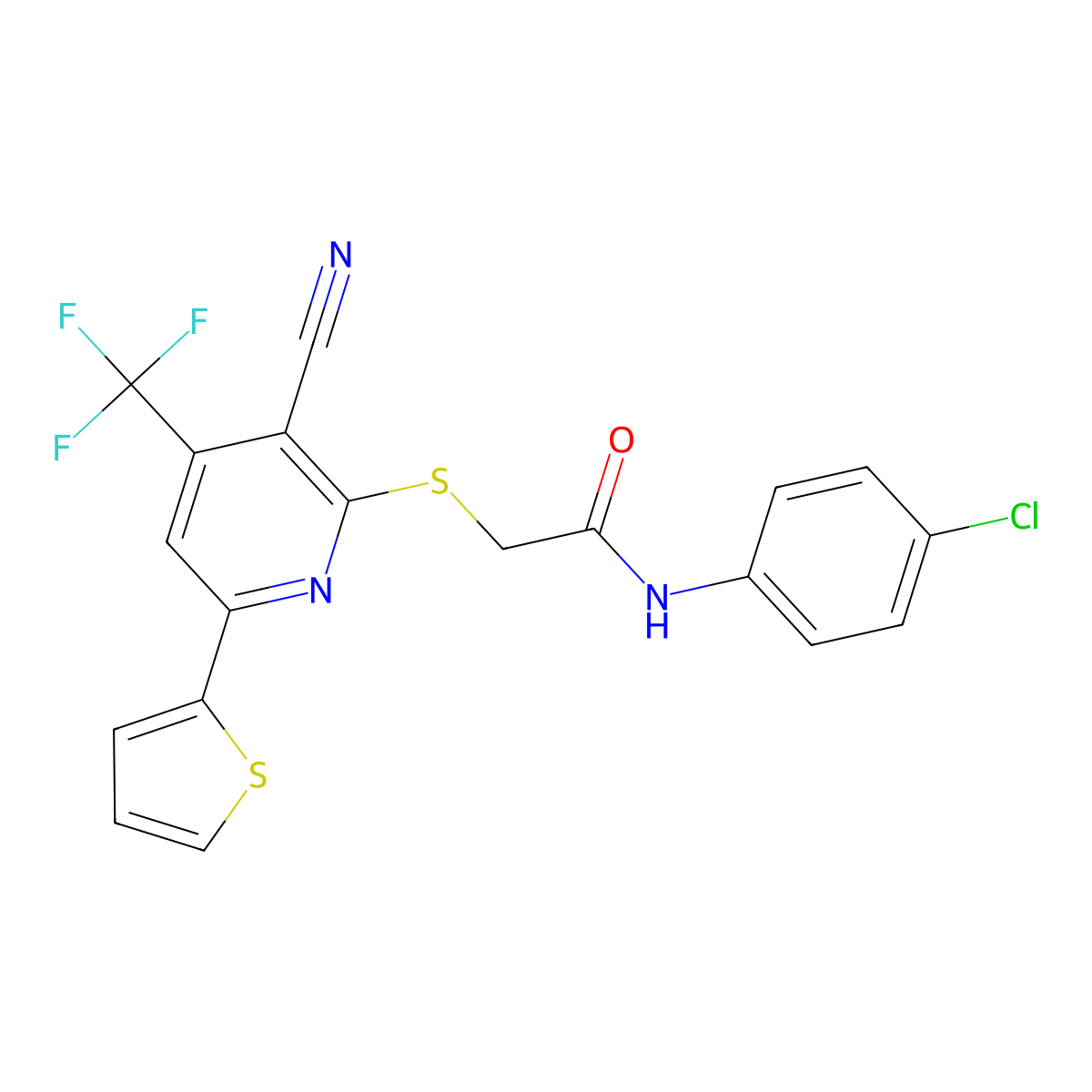 N-(4-CL-PH)-2-((3-Cyano-6-(2-thienyl)-4-(tri-F-ME)-2-pyridinyl)thio)acetamide molecular structure, CAS 331466-62-7