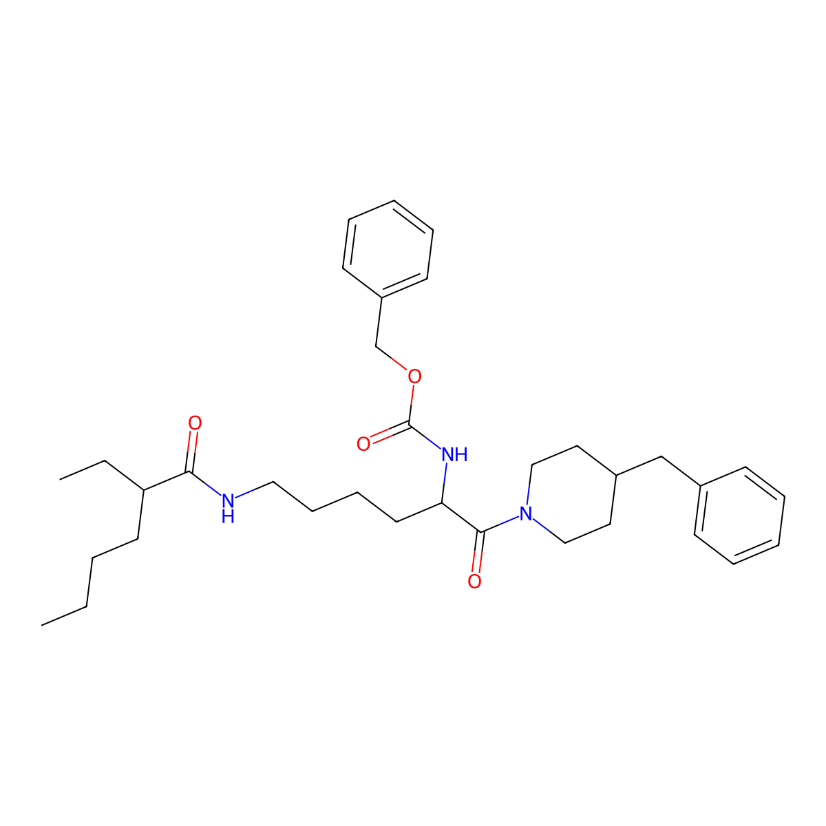 Benzyl (1-(4-benzylpiperidin-1-yl)-6-(2-ethylhexanamido)-1-oxohexan-2-yl)carbamate molecular structure, CAS 331625-26-4
