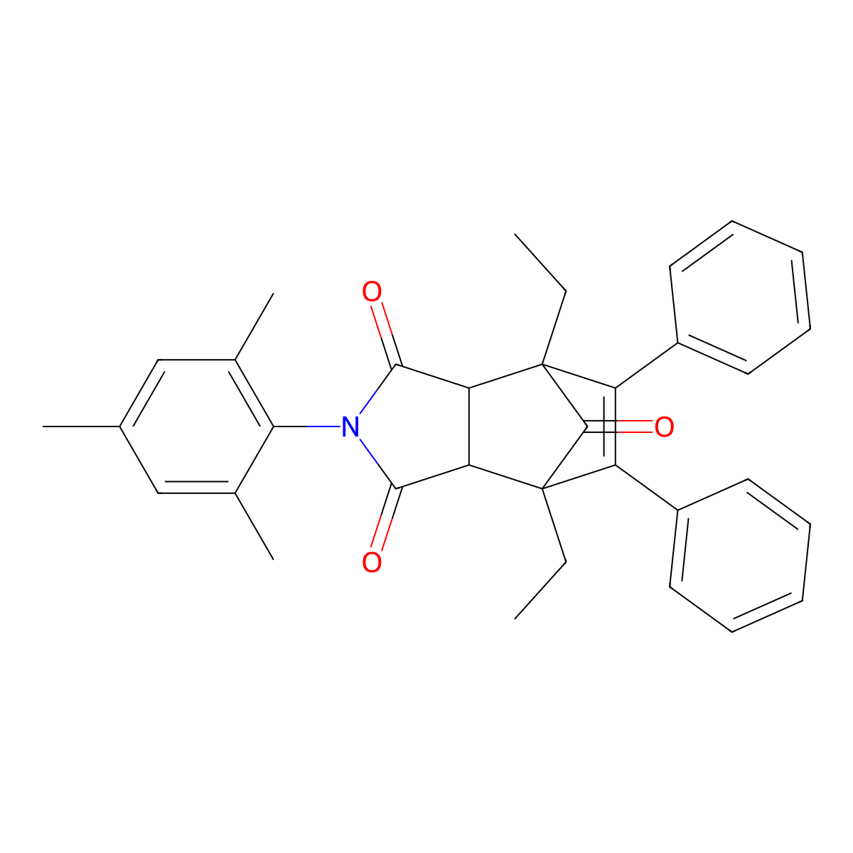 4,7-Diethyl-2-mesityl-5,6-diphenyl-3A,4,7,7A-tetrahydro-1H-4,7-methanoisoindole-1,3,8(2H)-trione molecular structure, CAS 331632-69-0