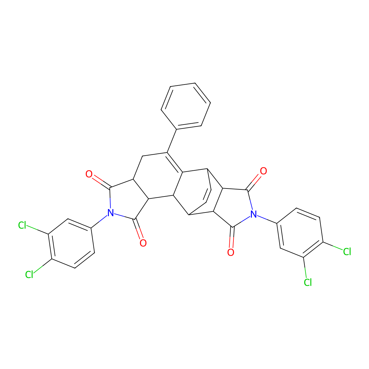 2,8-bis(3,4-dichlorophenyl)-5-phenyl-3a,4,6,6a,9a,10,10a,10b-octahydro-6,10-ethenoisoindolo[5,6-e]isoindole-1,3,7,9(2H,8H)-tetrone molecular structure, CAS 331632-80-5