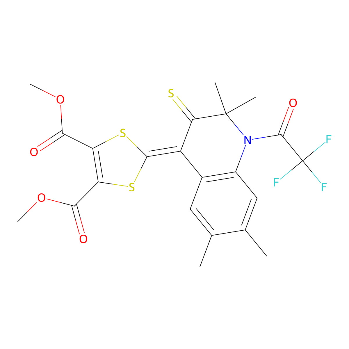 Dimethyl 2-[2,2,6,7-tetramethyl-3-sulfanylidene-1-(2,2,2-trifluoroacetyl)quinolin-4-ylidene]-1,3-dithiole-4,5-dicarboxylate molecular structure, CAS 331640-17-6