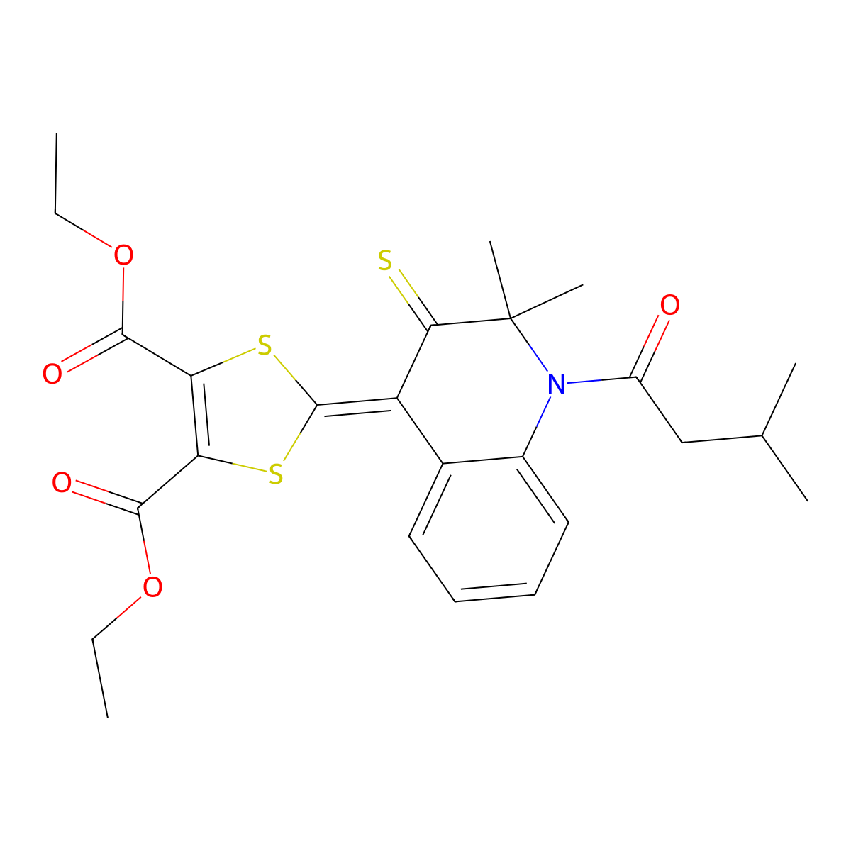 Diethyl 2-[2,2-dimethyl-1-(3-methylbutanoyl)-3-sulfanylidenequinolin-4-ylidene]-1,3-dithiole-4,5-dicarboxylate molecular structure, CAS 331640-19-8