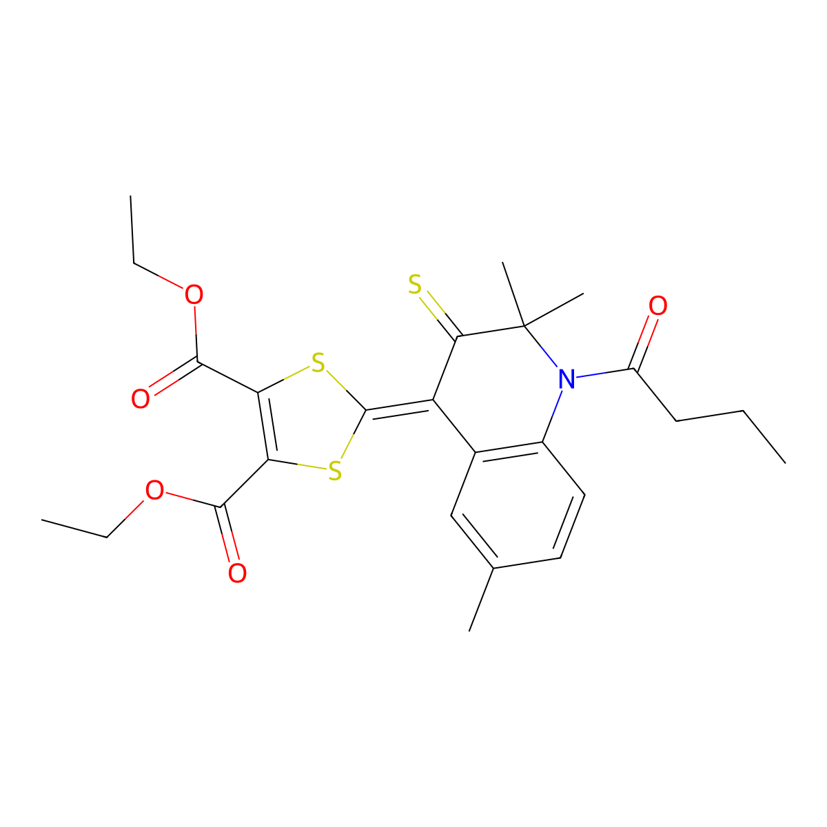 Diethyl 2-(1-butanoyl-2,2,6-trimethyl-3-sulfanylidenequinolin-4-ylidene)-1,3-dithiole-4,5-dicarboxylate molecular structure, CAS 331640-23-4