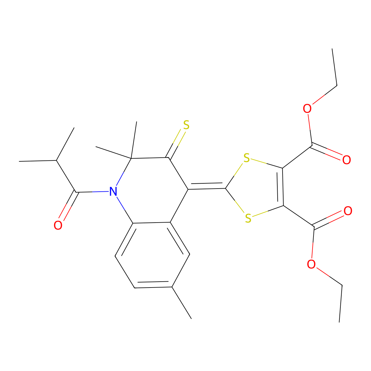 Diethyl 2-[2,2,6-trimethyl-1-(2-methylpropanoyl)-3-sulfanylidenequinolin-4-ylidene]-1,3-dithiole-4,5-dicarboxylate molecular structure, CAS 331640-24-5