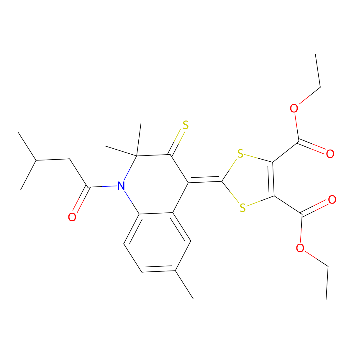 Diethyl 2-[2,2,6-trimethyl-1-(3-methylbutanoyl)-3-sulfanylidenequinolin-4-ylidene]-1,3-dithiole-4,5-dicarboxylate molecular structure, CAS 331640-25-6