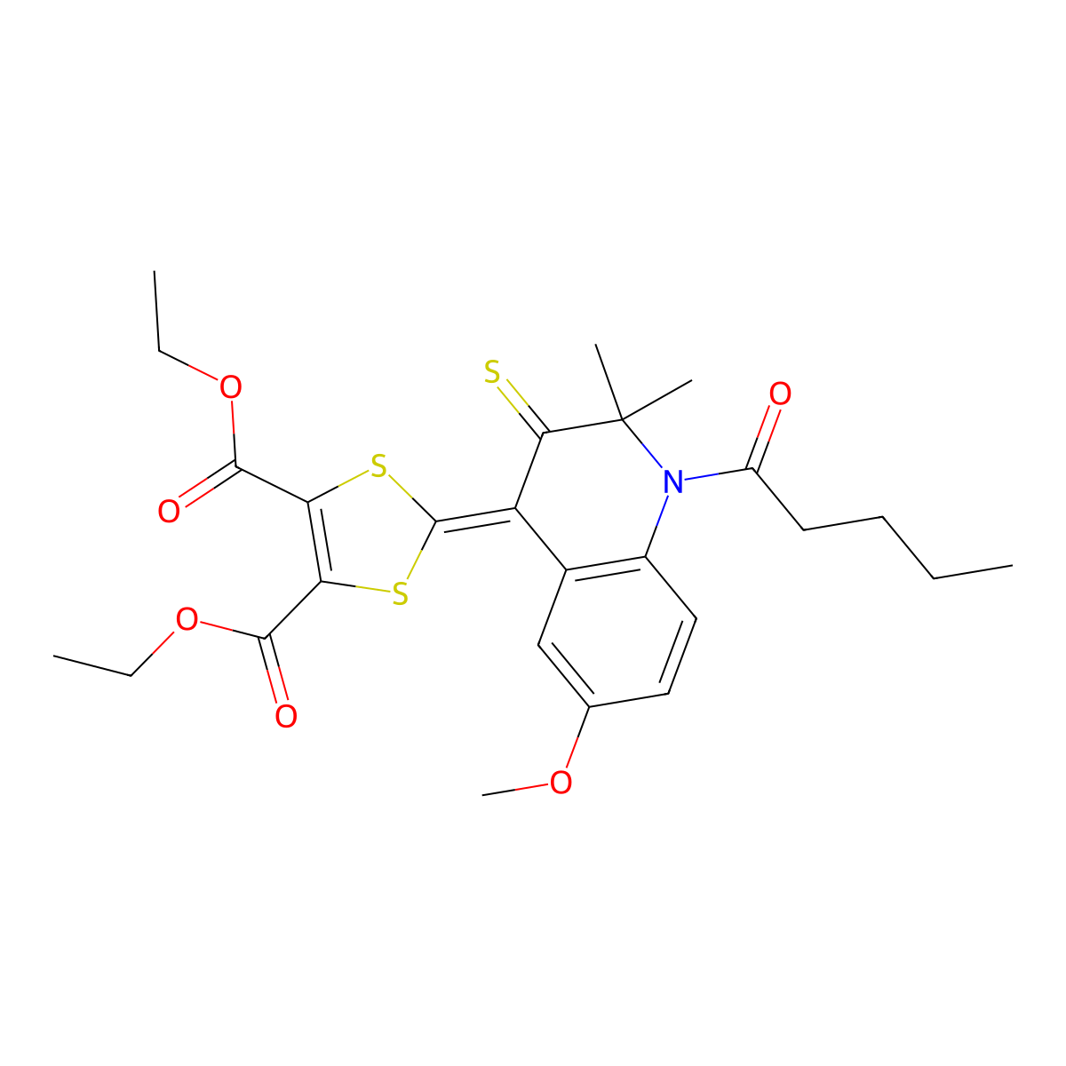 Diethyl 2-(6-methoxy-2,2-dimethyl-1-pentanoyl-3-sulfanylidenequinolin-4-ylidene)-1,3-dithiole-4,5-dicarboxylate molecular structure, CAS 331640-26-7
