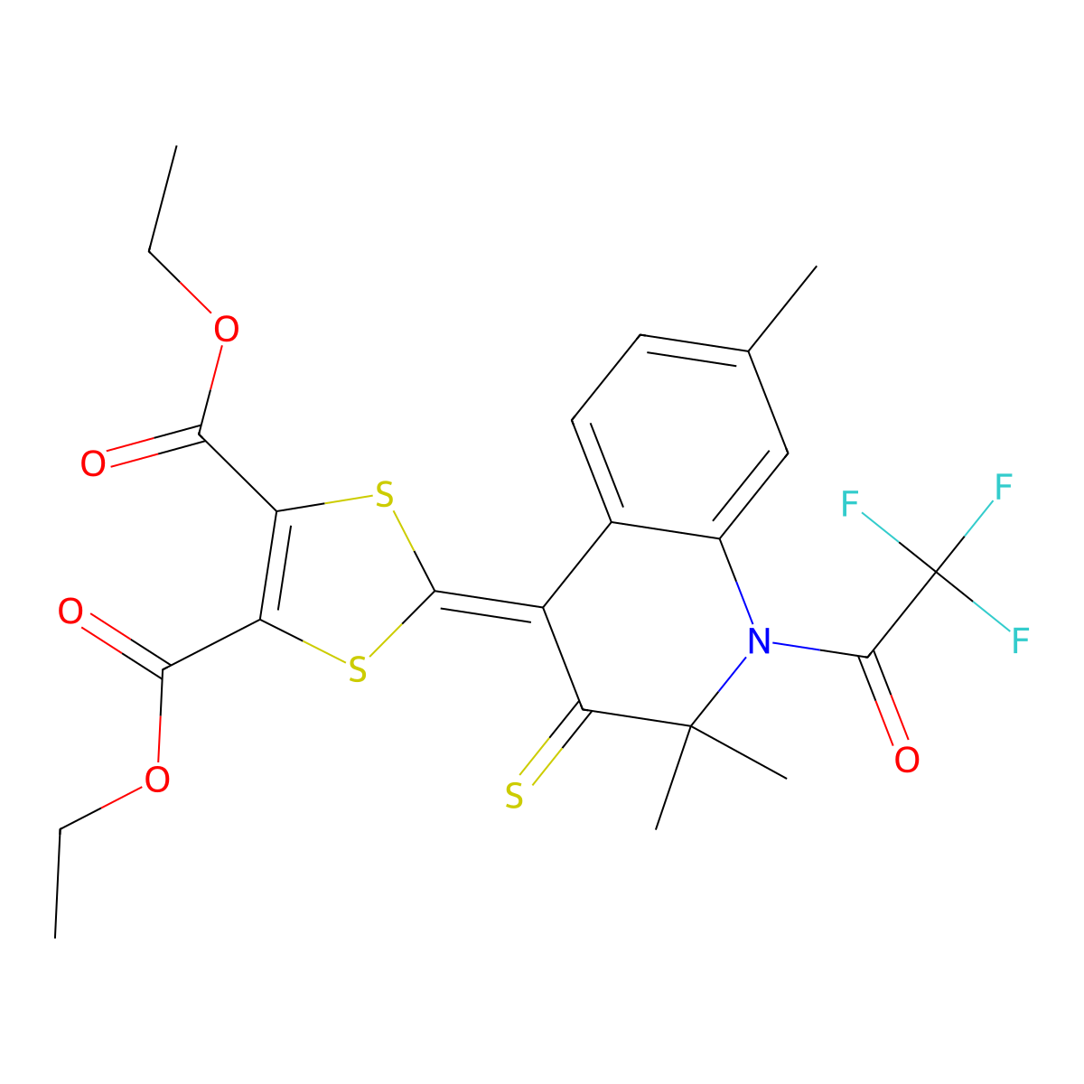 Diethyl 2-[2,2,7-trimethyl-3-sulfanylidene-1-(2,2,2-trifluoroacetyl)quinolin-4-ylidene]-1,3-dithiole-4,5-dicarboxylate molecular structure, CAS 331640-30-3