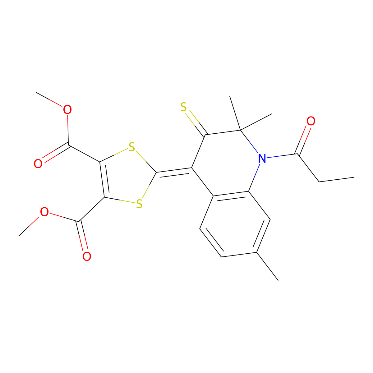Dimethyl 2-(2,2,7-trimethyl-1-propanoyl-3-sulfanylidenequinolin-4-ylidene)-1,3-dithiole-4,5-dicarboxylate molecular structure, CAS 331640-31-4