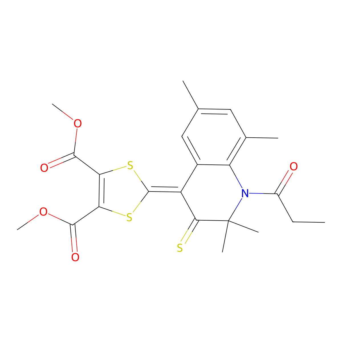Dimethyl 2-(2,2,6,8-tetramethyl-1-propanoyl-3-sulfanylidenequinolin-4-ylidene)-1,3-dithiole-4,5-dicarboxylate molecular structure, CAS 331640-37-0