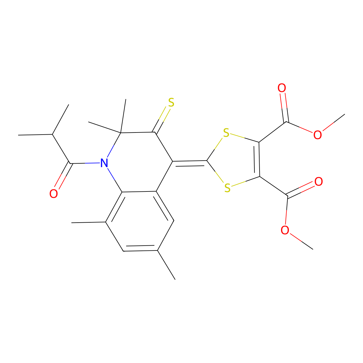 Dimethyl 2-[2,2,6,8-tetramethyl-1-(2-methylpropanoyl)-3-sulfanylidenequinolin-4-ylidene]-1,3-dithiole-4,5-dicarboxylate molecular structure, CAS 331640-38-1