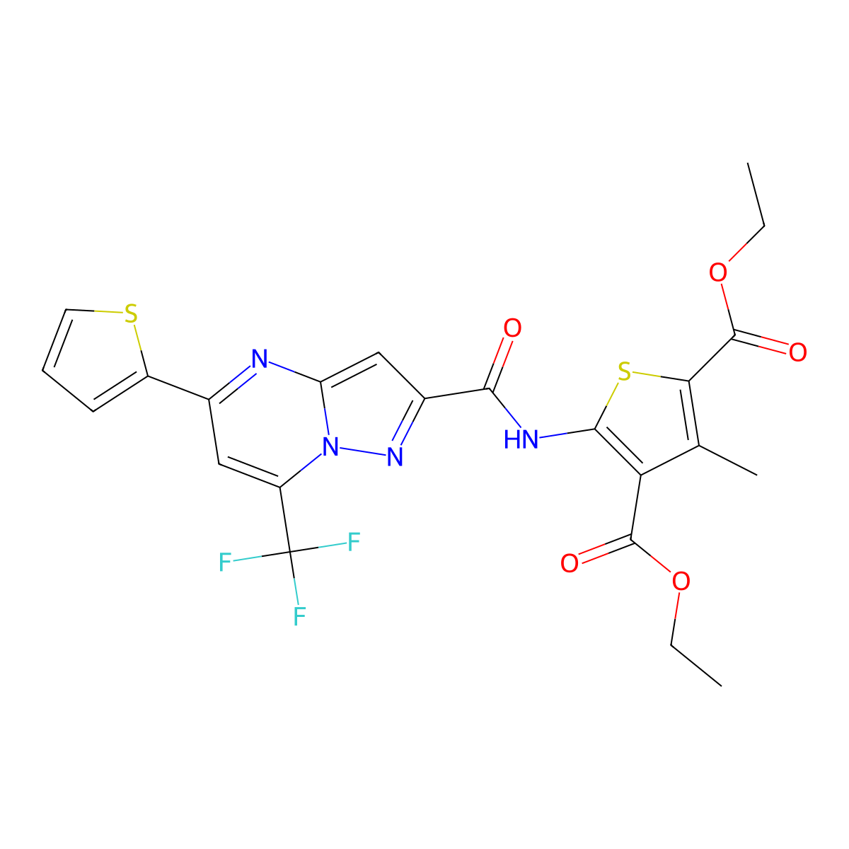 2,4-Diethyl 3-methyl-5-[[[5-(2-thienyl)-7-(trifluoromethyl)pyrazolo[1,5-a]pyrimidin-2-yl]carbonyl]amino]-2,4-thiophenedicarboxylate molecular structure, CAS 331647-98-4